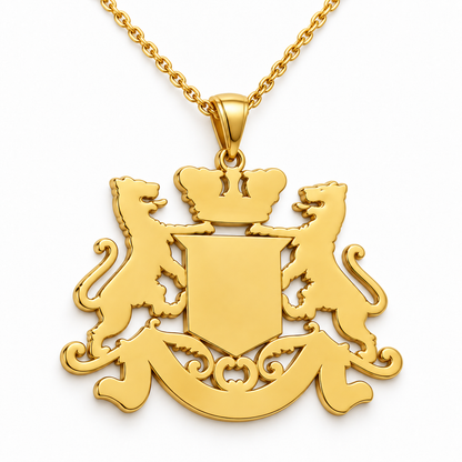 Johor Emblem Pendant — plain reverse angle, yellow gold; any chain shown is an optional styling accessory