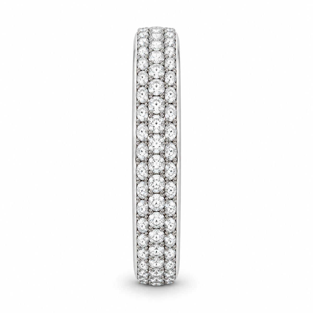 [metal:white-gold] Josephine Pavé Eternity Ring — side-profile — Three-row pavé eternity ring, edge profile studio view [catalog-v4]