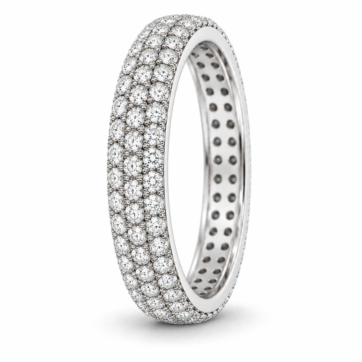 [metal:white-gold] Josephine Pavé Eternity Ring — three-quarter — Three-row pavé eternity ring, standing oblique studio view [catalog-v4]