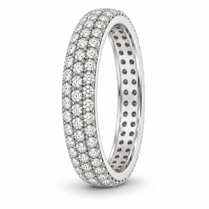 [metal:white-gold] Josephine Pavé Eternity Ring — three-quarter — Three-row pavé eternity ring, standing oblique studio view [catalog-v4]