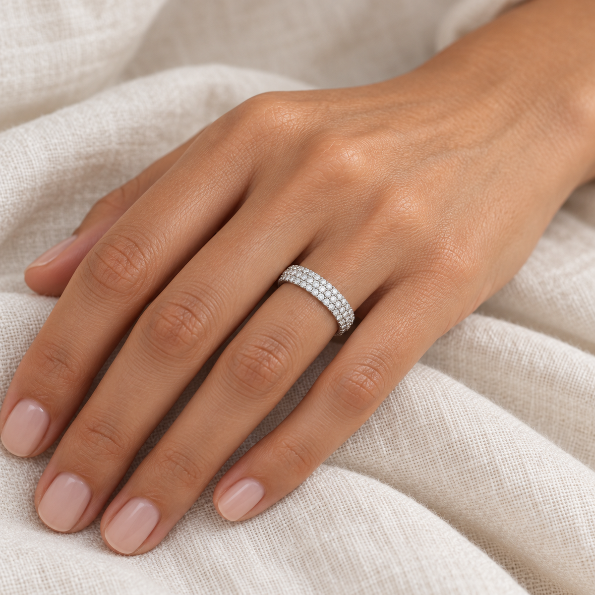 [metal:all] Josephine Pavé Eternity Ring — worn — Human-worn styling illustration [catalog-v4]
