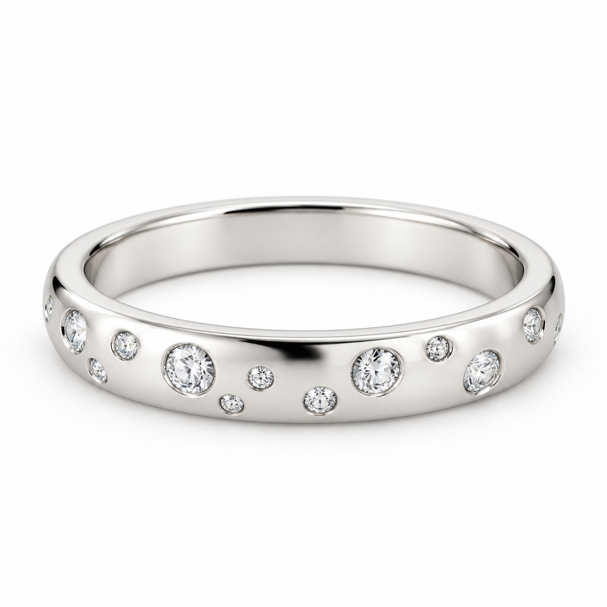 [metal:white-gold] Josette Scattered Diamond Ring — front — Organic scatter of flush-set diamonds, shallow front studio view [catalog-v4]