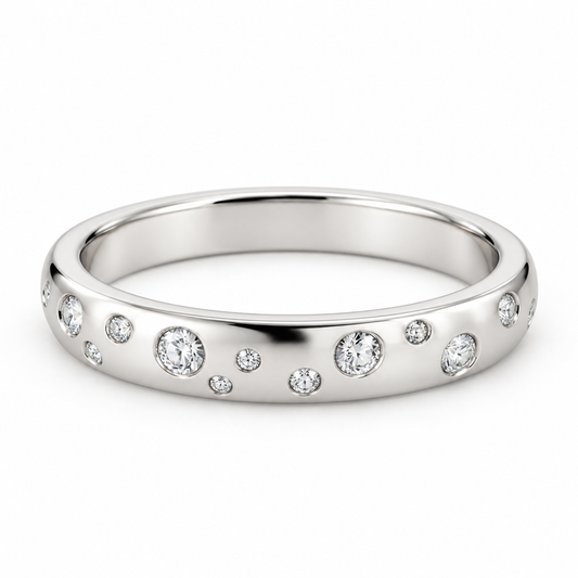 [metal:white-gold] Josette Scattered Diamond Ring — front — Organic scatter of flush-set diamonds, shallow front studio view [catalog-v4]