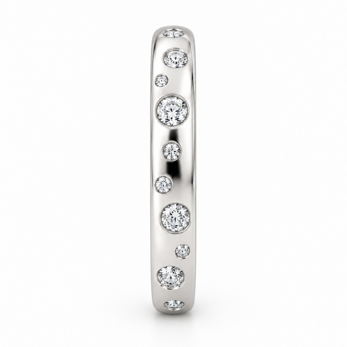[metal:white-gold] Josette Scattered Diamond Ring — side-profile — Organic scatter of flush-set diamonds, edge profile studio view [catalog-v4]