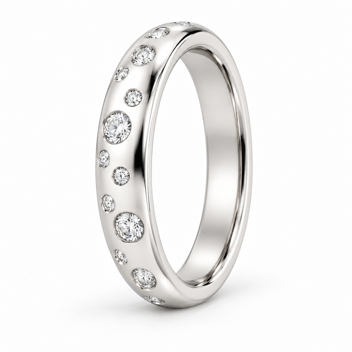 [metal:white-gold] Josette Scattered Diamond Ring — three-quarter — Organic scatter of flush-set diamonds, standing oblique studio view [catalog-v4]