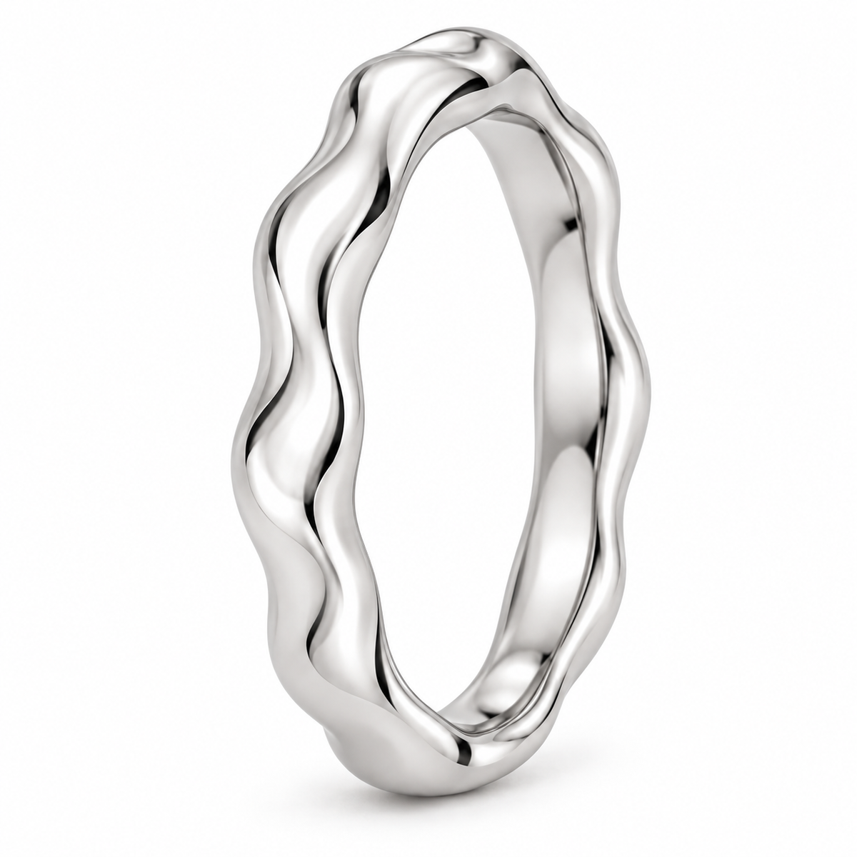 [metal:white-gold] Juliette Sculpted Band — three-quarter — Gently undulating band, standing oblique studio view [catalog-v4]