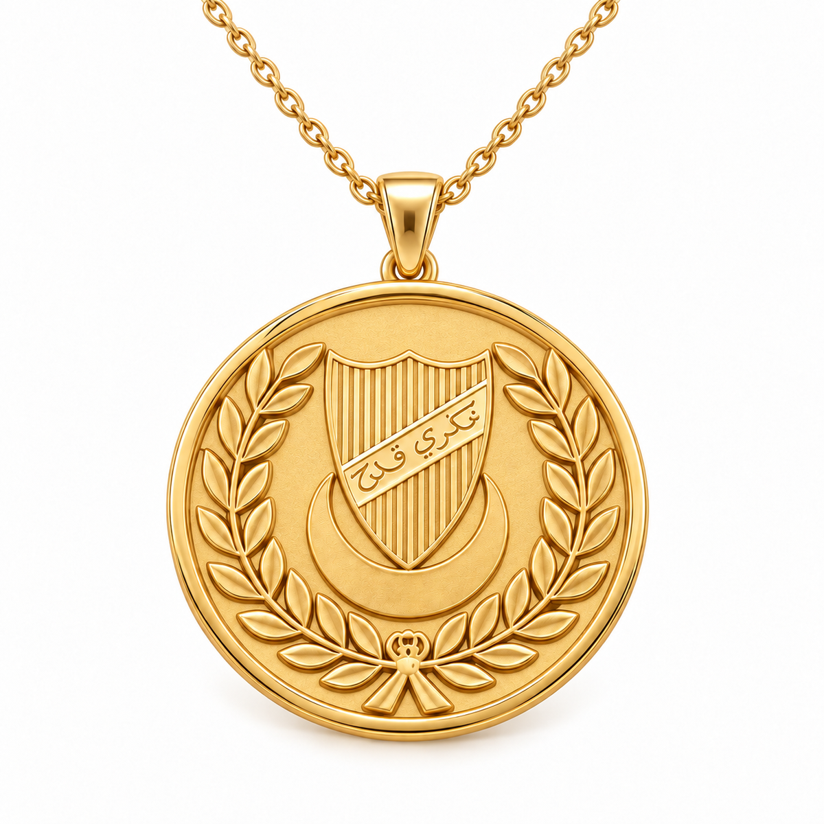 Kedah Emblem Pendant — front, yellow gold; any chain shown is an optional styling accessory