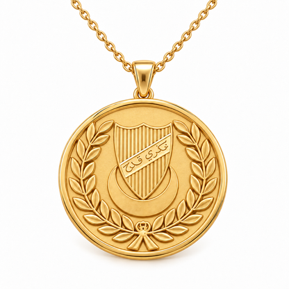 Kedah Emblem Pendant — front, yellow gold; any chain shown is an optional styling accessory