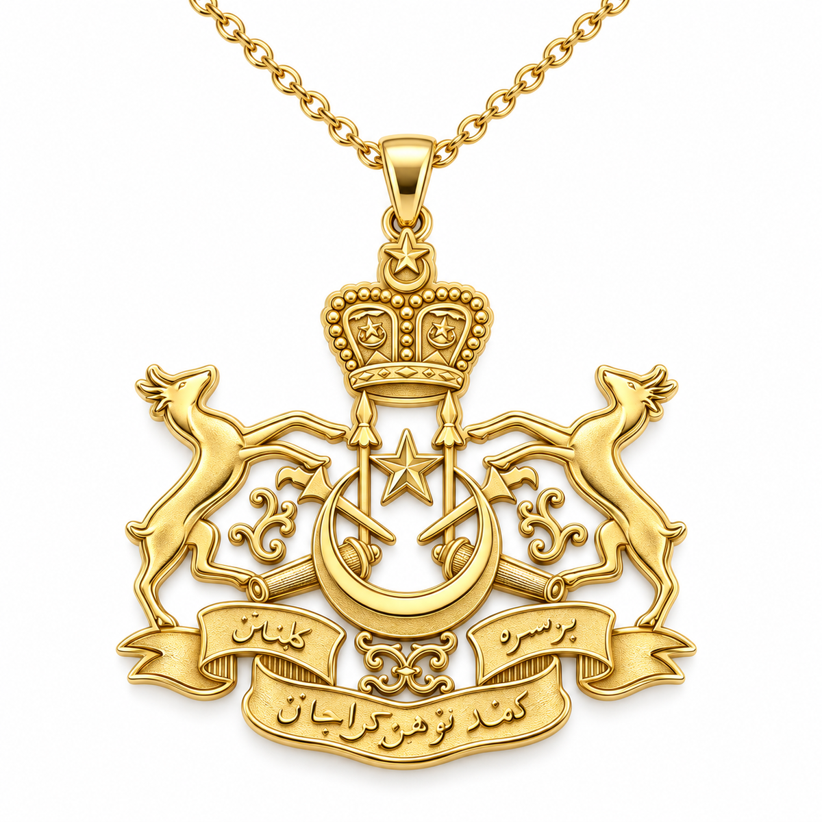Kelantan Emblem Pendant — front, yellow gold; any chain shown is an optional styling accessory