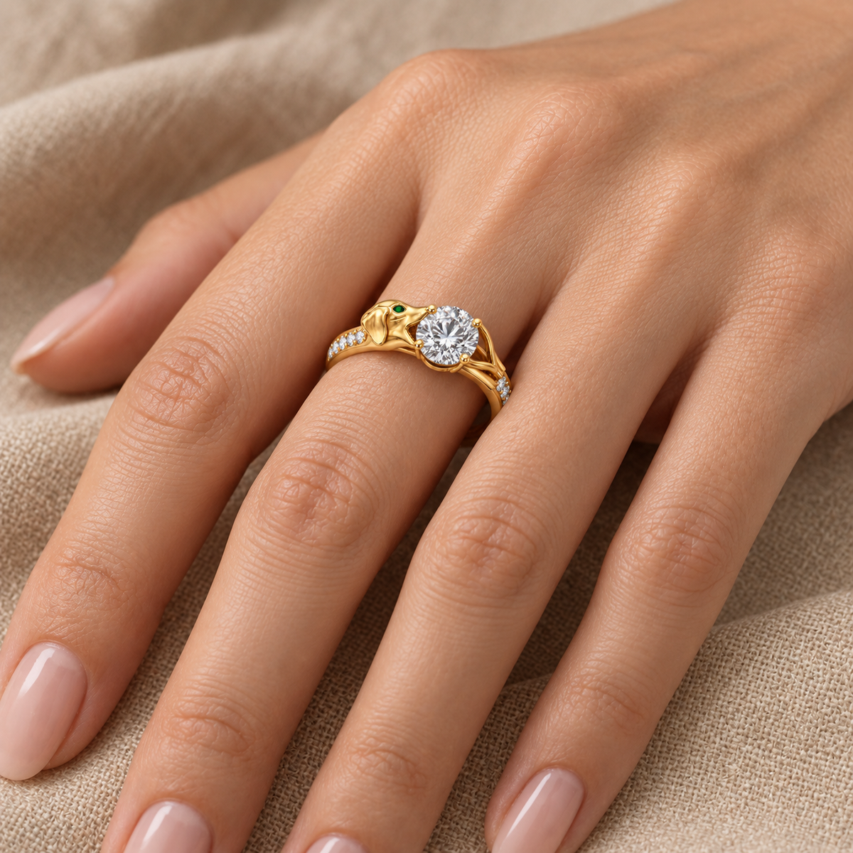 Lévrier Bite Setting — worn view at the specified smaller proportions; pictured centre diamond selected separately