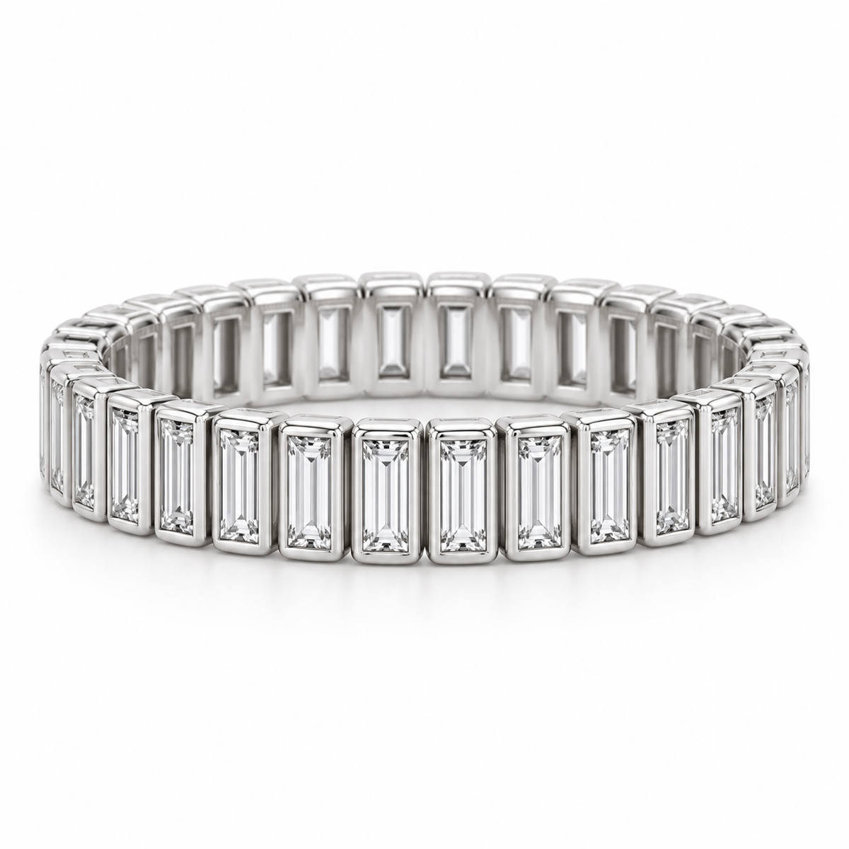 [metal:white-gold] Linnea Baguette Ladder Eternity Ring — front — full eternity ring of north-south narrow baguette diamonds in individual slim rectangular bezels linked all around, front view [catalog-v4]