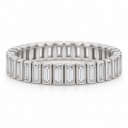 [metal:white-gold] Linnea Baguette Ladder Eternity Ring — front — full eternity ring of north-south narrow baguette diamonds in individual slim rectangular bezels linked all around, front view [catalog-v4]