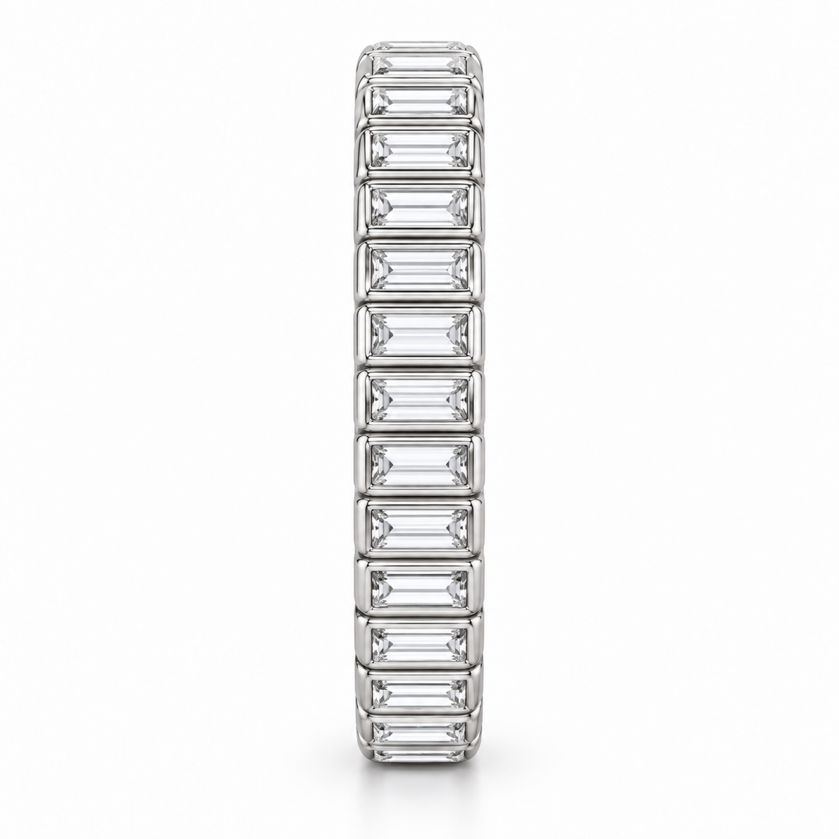 [metal:white-gold] Linnea Baguette Ladder Eternity Ring — side-profile — full eternity ring of north-south narrow baguette diamonds in individual slim rectangular bezels linked all around, side-profile view [catalog-v4]