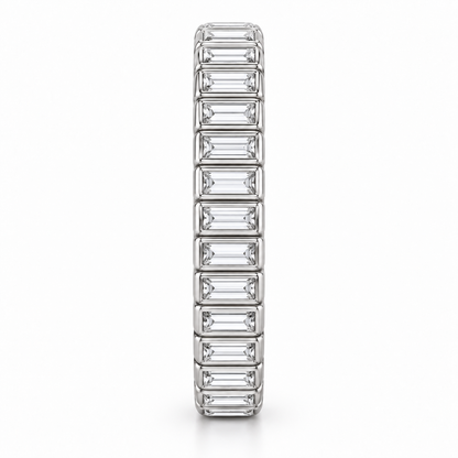 [metal:white-gold] Linnea Baguette Ladder Eternity Ring — side-profile — full eternity ring of north-south narrow baguette diamonds in individual slim rectangular bezels linked all around, side-profile view [catalog-v4]
