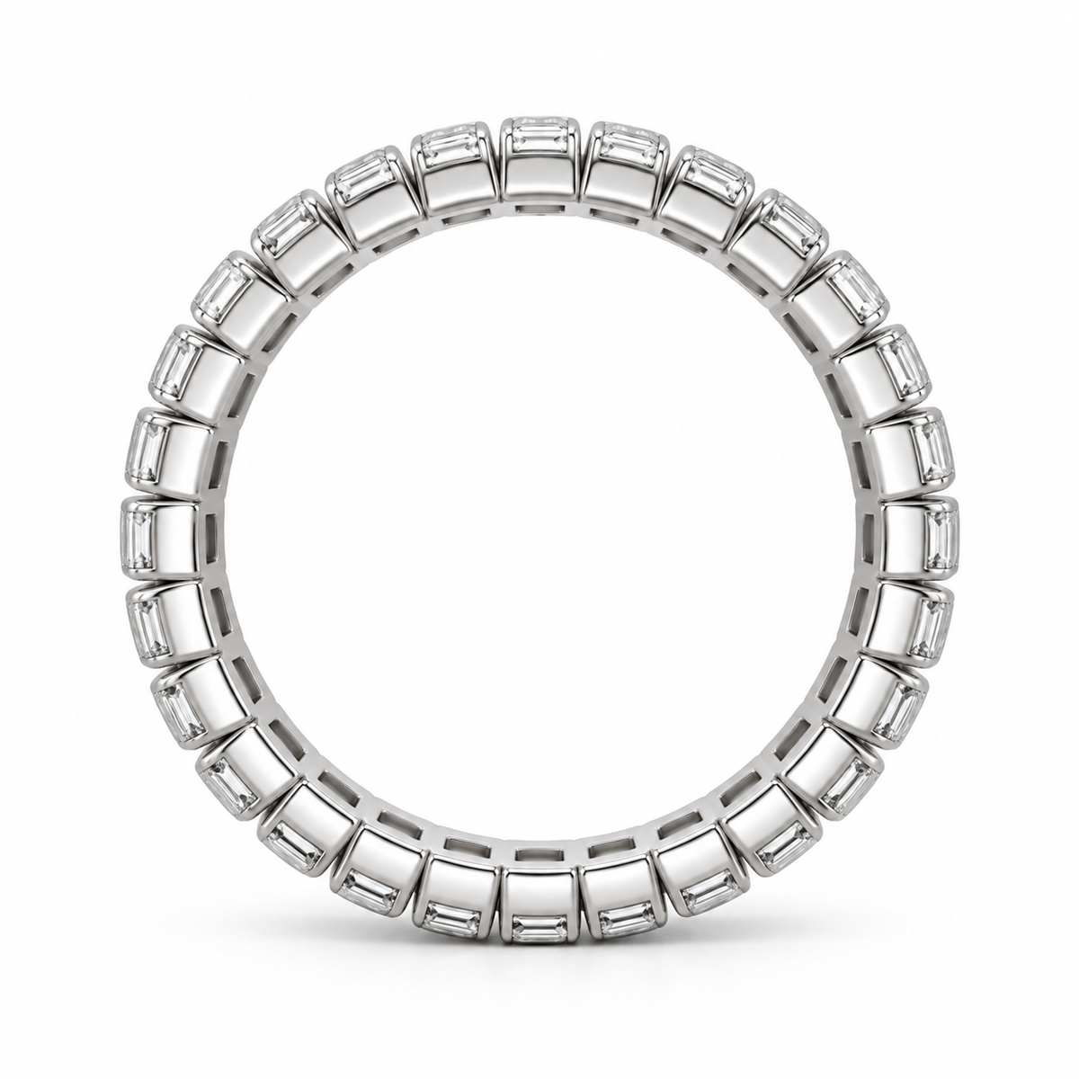 [metal:white-gold] Linnea Baguette Ladder Eternity Ring — top — full eternity ring of north-south narrow baguette diamonds in individual slim rectangular bezels linked all around, top view [catalog-v4]