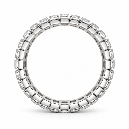 [metal:white-gold] Linnea Baguette Ladder Eternity Ring — top — full eternity ring of north-south narrow baguette diamonds in individual slim rectangular bezels linked all around, top view [catalog-v4]