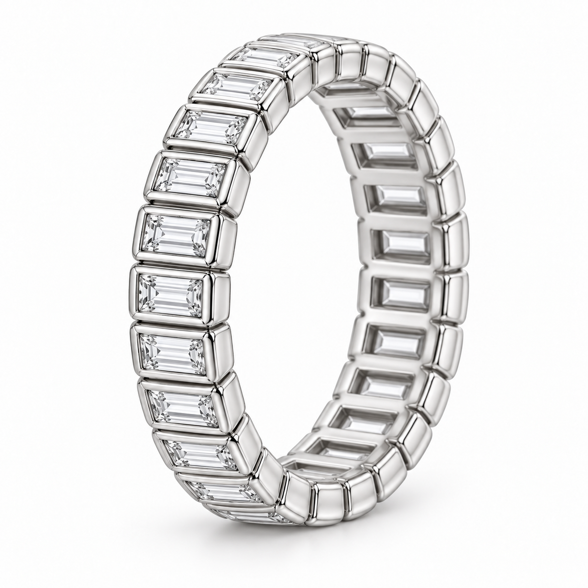 [metal:white-gold] Linnea Baguette Ladder Eternity Ring — three-quarter — full eternity ring of north-south narrow baguette diamonds in individual slim rectangular bezels linked all around, three-quarter view [catalog-v4]