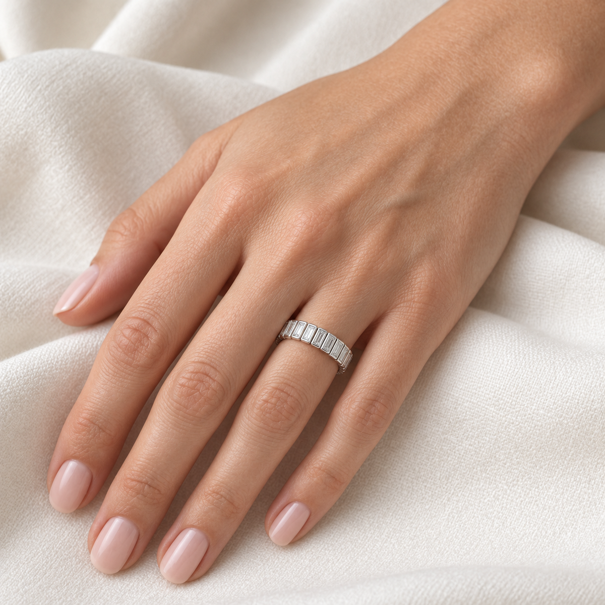 [metal:all] Linnea Baguette Ladder Eternity Ring — worn — Human-worn styling illustration [catalog-v4]
