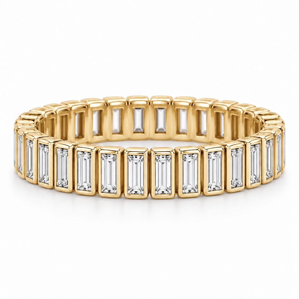 [metal:yellow-gold] Linnea Baguette Ladder Eternity Ring — front — full eternity ring of north-south narrow baguette diamonds in individual slim rectangular bezels linked all around, front view [catalog-v4]