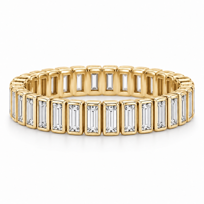 [metal:yellow-gold] Linnea Baguette Ladder Eternity Ring — front — full eternity ring of north-south narrow baguette diamonds in individual slim rectangular bezels linked all around, front view [catalog-v4]