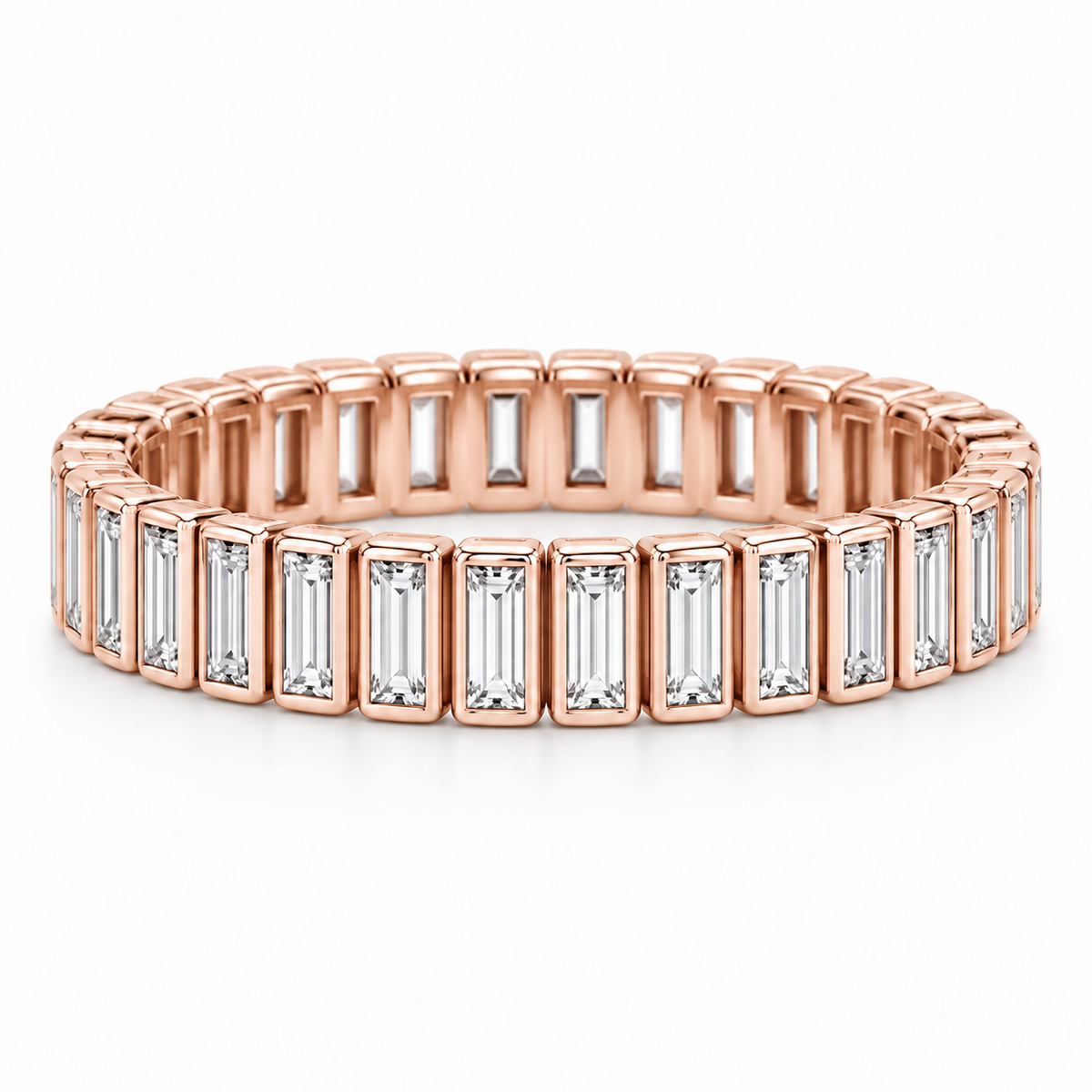 [metal:rose-gold] Linnea Baguette Ladder Eternity Ring — front — full eternity ring of north-south narrow baguette diamonds in individual slim rectangular bezels linked all around, front view [catalog-v4]