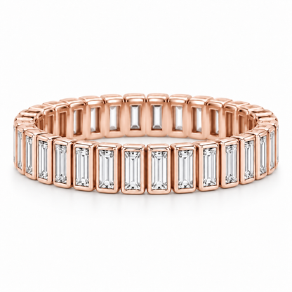 [metal:rose-gold] Linnea Baguette Ladder Eternity Ring — front — full eternity ring of north-south narrow baguette diamonds in individual slim rectangular bezels linked all around, front view [catalog-v4]