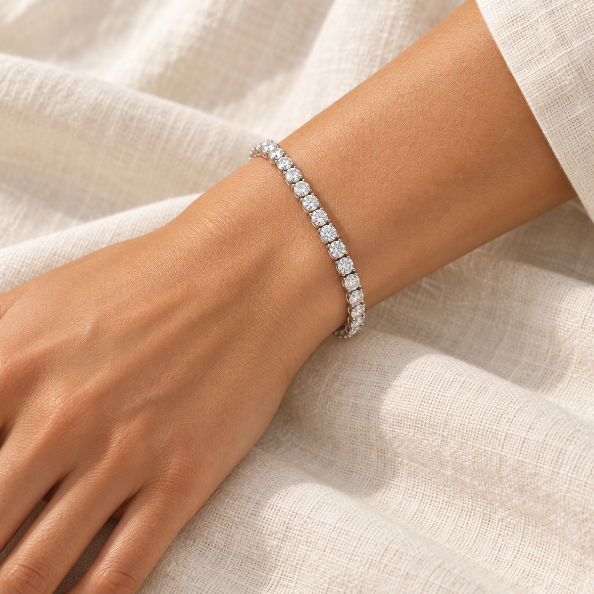 [metal:all] Liora Diamond Tennis Bracelet — worn — Human-worn styling illustration [catalog-v4]