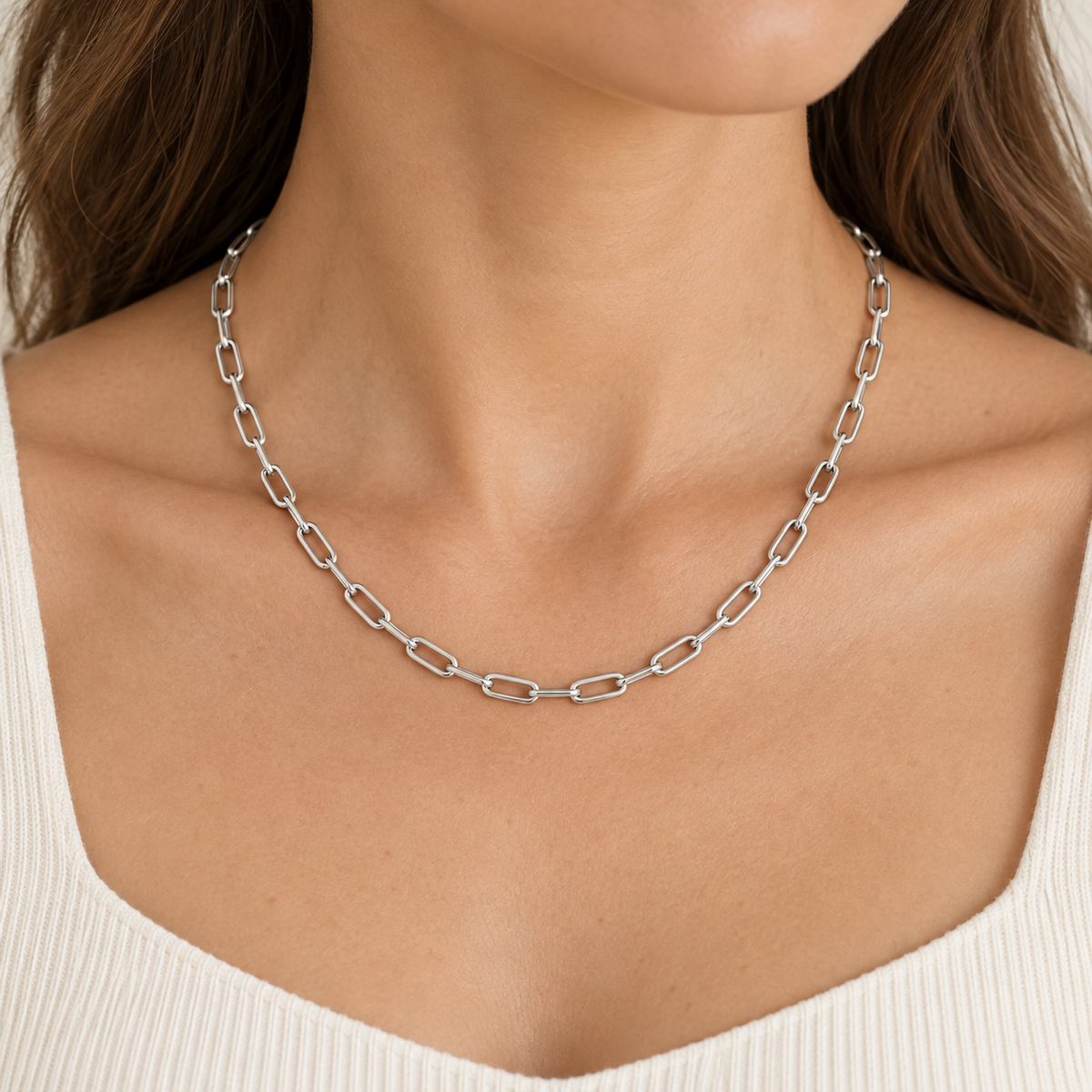 [metal:all] Lisette Paperclip Necklace — worn — Human-worn styling illustration [catalog-v4]