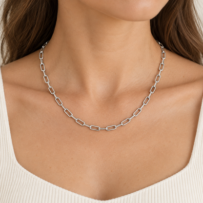 [metal:all] Lisette Paperclip Necklace — worn — Human-worn styling illustration [catalog-v4]