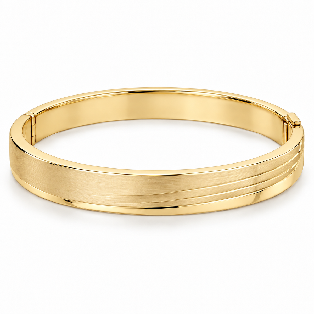 [metal:yellow-gold] Lorisse Offset-Step Bangle — front — Closed oval hinged bangle, broad flat satin top with three shallow parallel stepped terraces offset toward one edge, polished smooth borders, discreet side hinge and opposite box clasp. Steps are metal surface levels, not multiple separate bangle bands. No stones. [catalog-v4]