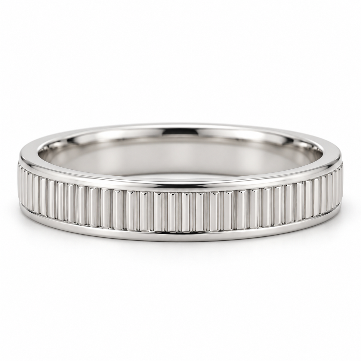 [metal:white-gold] Lysandra Fluted Band — front — slim white gold wedding band with fine straight vertical flutes and narrow polished borders, no stones, front view [catalog-v4]