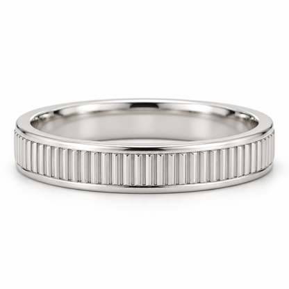 [metal:white-gold] Lysandra Fluted Band — front — slim white gold wedding band with fine straight vertical flutes and narrow polished borders, no stones, front view [catalog-v4]