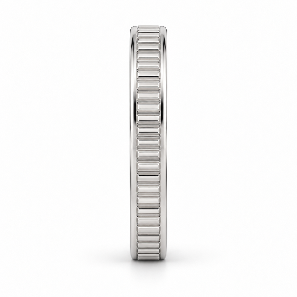 [metal:white-gold] Lysandra Fluted Band — side-profile — slim white gold wedding band with fine straight vertical flutes and narrow polished borders, no stones, side-profile view [catalog-v4]