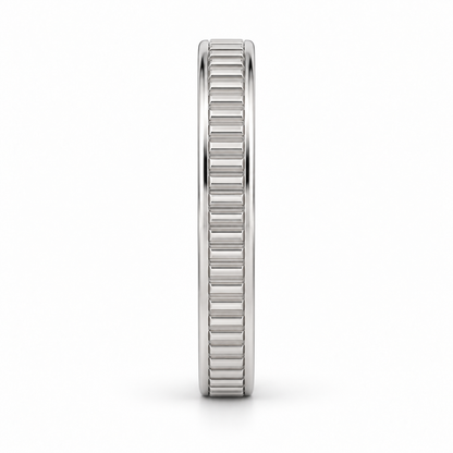 [metal:white-gold] Lysandra Fluted Band — side-profile — slim white gold wedding band with fine straight vertical flutes and narrow polished borders, no stones, side-profile view [catalog-v4]