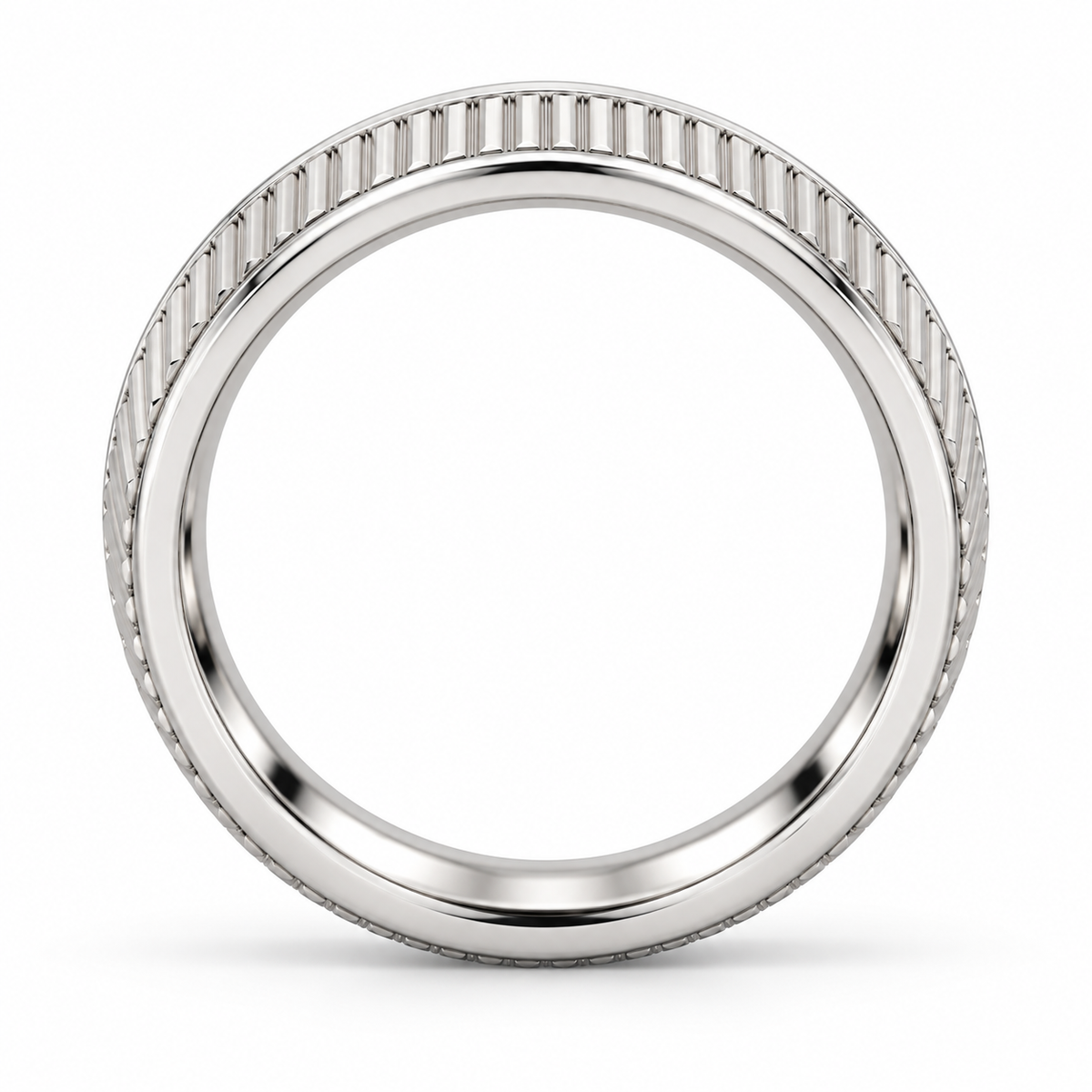[metal:white-gold] Lysandra Fluted Band — top — slim white gold wedding band with fine straight vertical flutes and narrow polished borders, no stones, top view [catalog-v4]