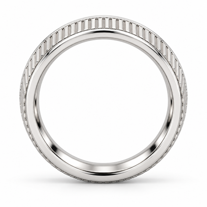 [metal:white-gold] Lysandra Fluted Band — top — slim white gold wedding band with fine straight vertical flutes and narrow polished borders, no stones, top view [catalog-v4]