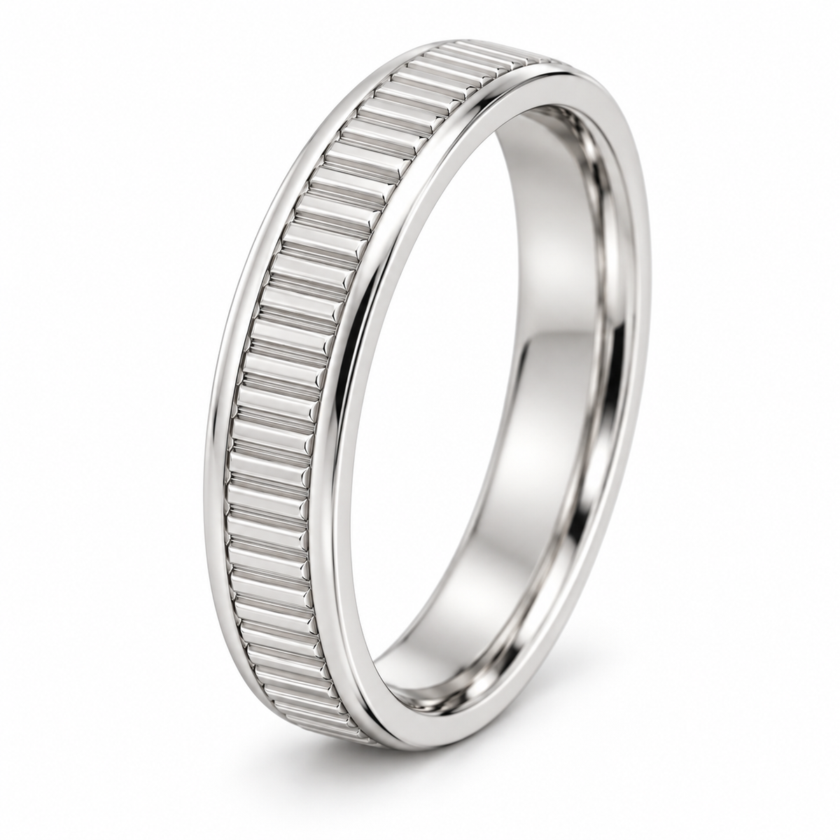 [metal:white-gold] Lysandra Fluted Band — three-quarter — slim white gold wedding band with fine straight vertical flutes and narrow polished borders, no stones, three-quarter view [catalog-v4]