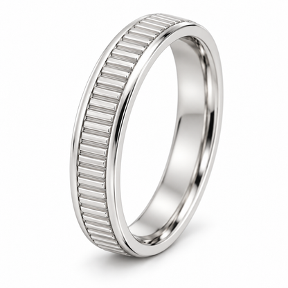 [metal:white-gold] Lysandra Fluted Band — three-quarter — slim white gold wedding band with fine straight vertical flutes and narrow polished borders, no stones, three-quarter view [catalog-v4]