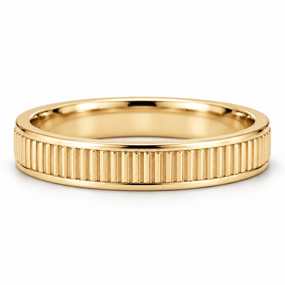 [metal:yellow-gold] Lysandra Fluted Band — front — slim white gold wedding band with fine straight vertical flutes and narrow polished borders, no stones, front view [catalog-v4]