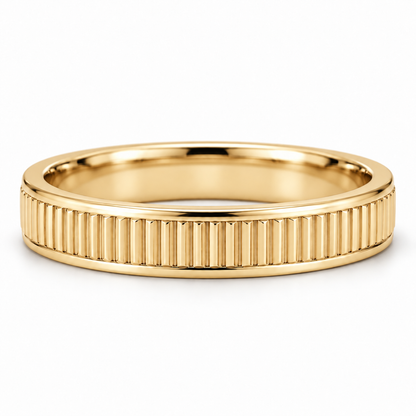 [metal:yellow-gold] Lysandra Fluted Band — front — slim white gold wedding band with fine straight vertical flutes and narrow polished borders, no stones, front view [catalog-v4]
