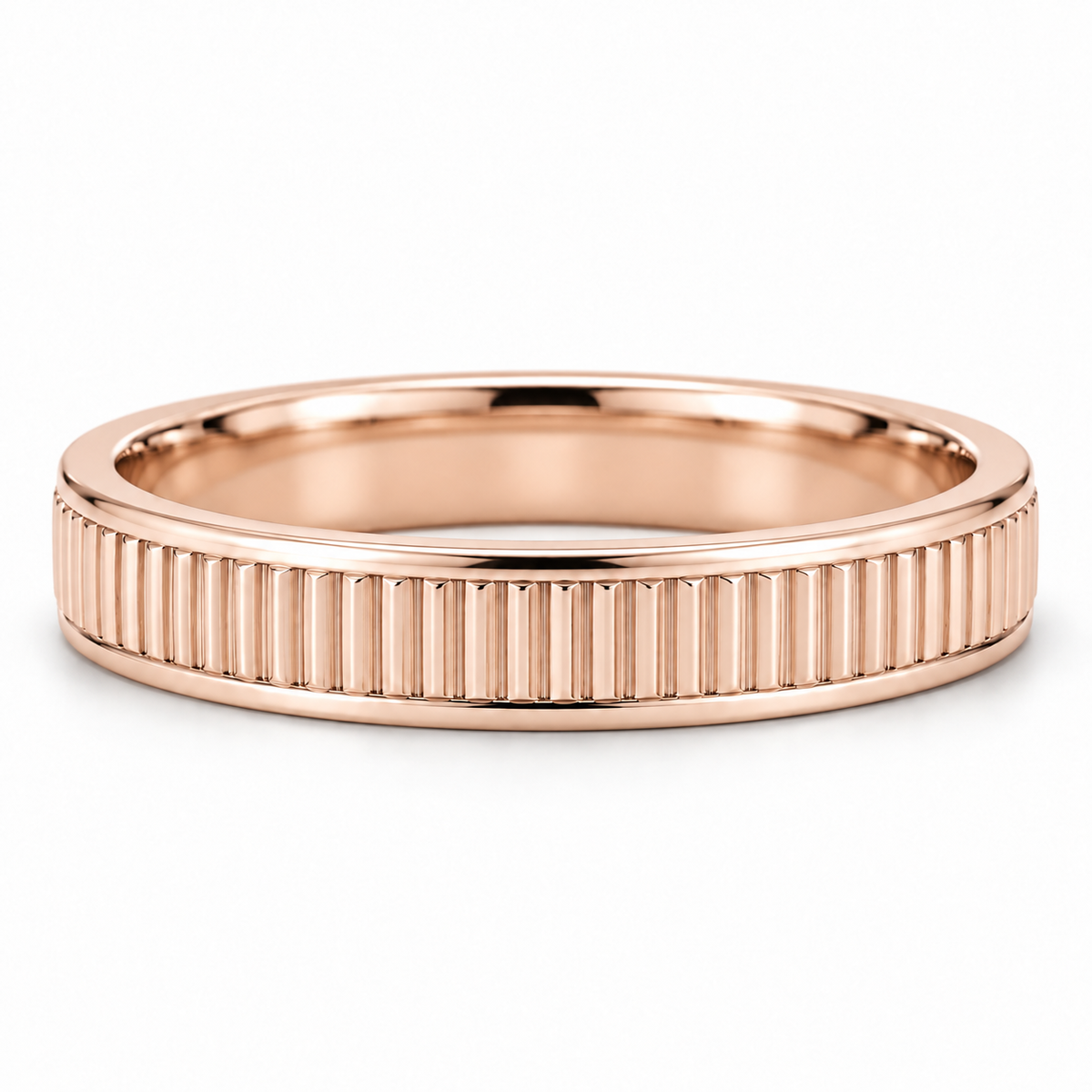 [metal:rose-gold] Lysandra Fluted Band — front — slim white gold wedding band with fine straight vertical flutes and narrow polished borders, no stones, front view [catalog-v4]