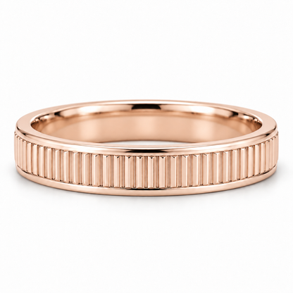 [metal:rose-gold] Lysandra Fluted Band — front — slim white gold wedding band with fine straight vertical flutes and narrow polished borders, no stones, front view [catalog-v4]