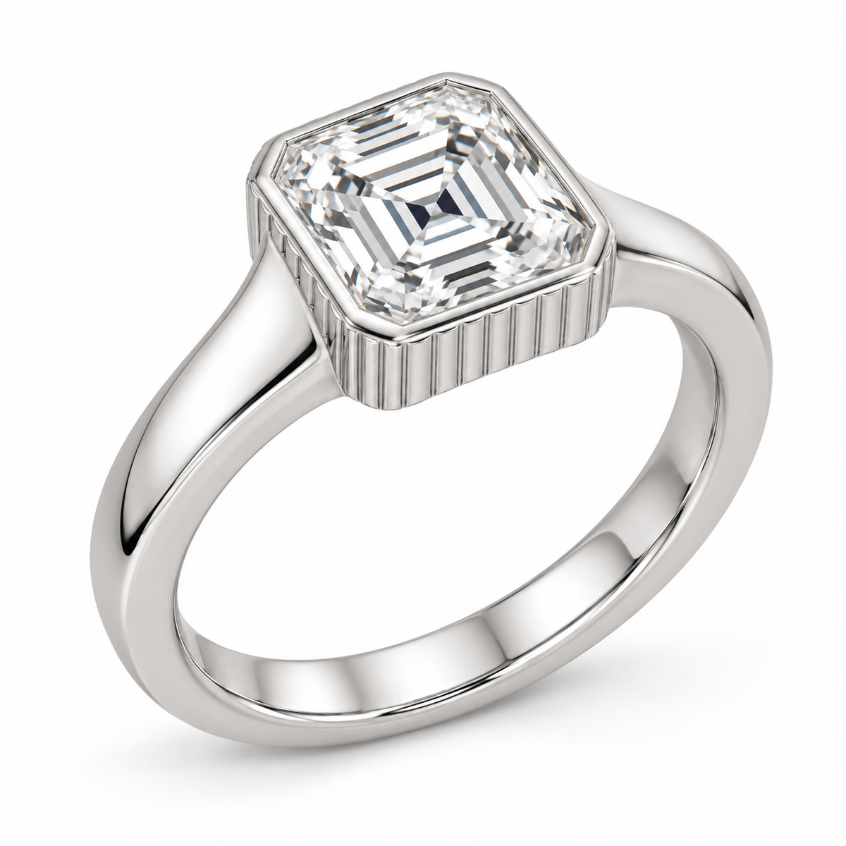 [metal:white-gold] Maelle Fluted Collet Setting — three-quarter — Original setting design illustration [catalog-v4]