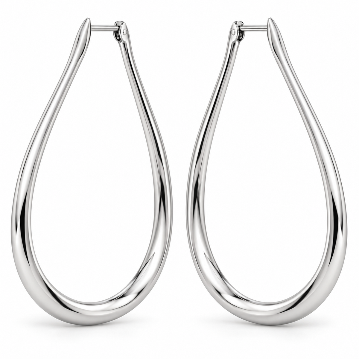 [metal:white-gold] Maelle Teardrop Hoops — front — plain polished elongated teardrop-shaped hoop earrings with hinged clasps, no stones, front view [catalog-v4]