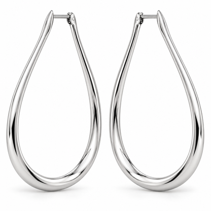 [metal:white-gold] Maelle Teardrop Hoops — front — plain polished elongated teardrop-shaped hoop earrings with hinged clasps, no stones, front view [catalog-v4]