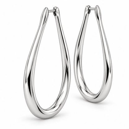 [metal:white-gold] Maelle Teardrop Hoops — three-quarter — plain polished elongated teardrop-shaped hoop earrings with hinged clasps, no stones, three-quarter view [catalog-v4]