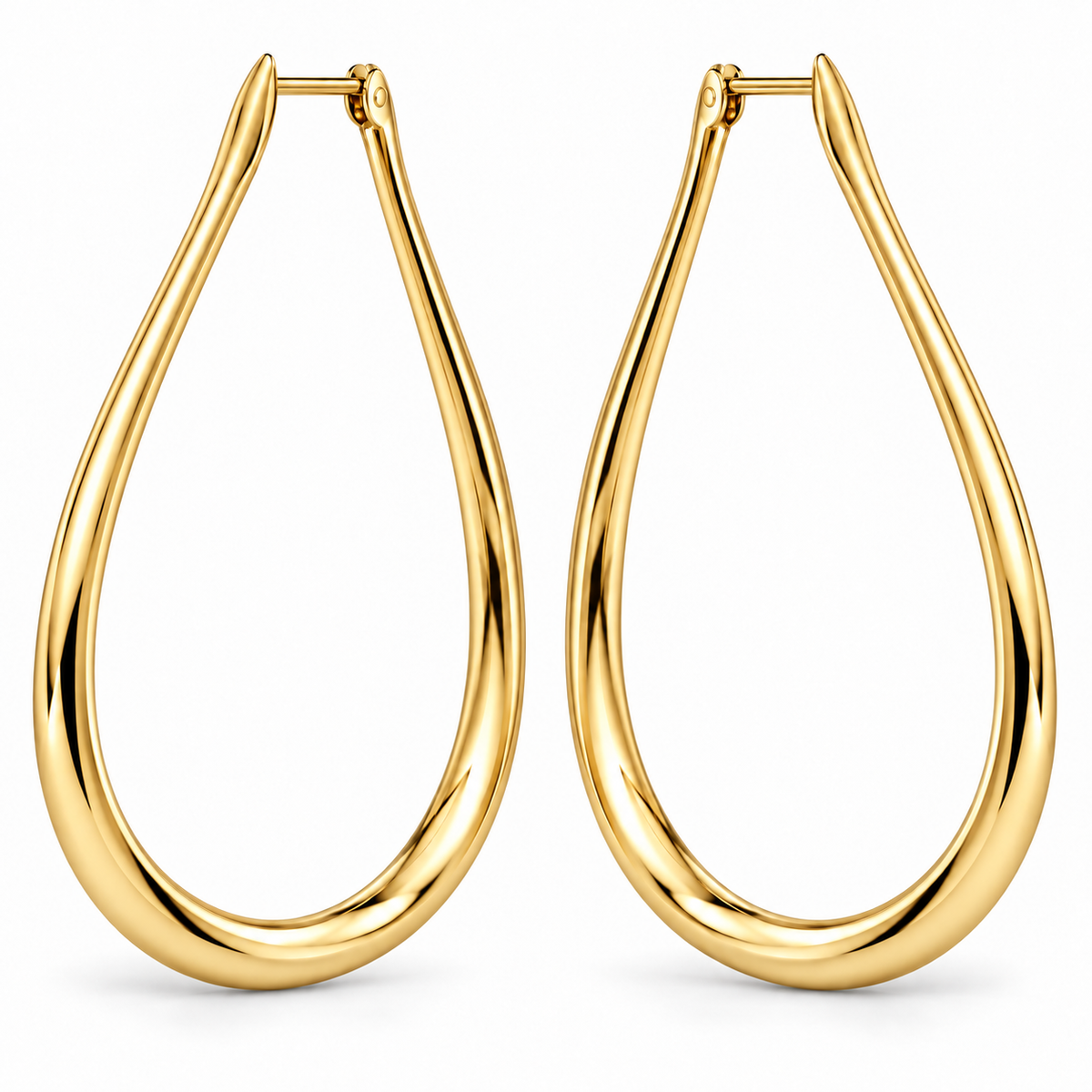 [metal:yellow-gold] Maelle Teardrop Hoops — front — plain polished elongated teardrop-shaped hoop earrings with hinged clasps, no stones, front view [catalog-v4]