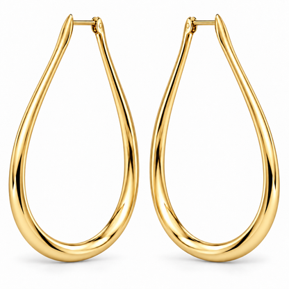 [metal:yellow-gold] Maelle Teardrop Hoops — front — plain polished elongated teardrop-shaped hoop earrings with hinged clasps, no stones, front view [catalog-v4]