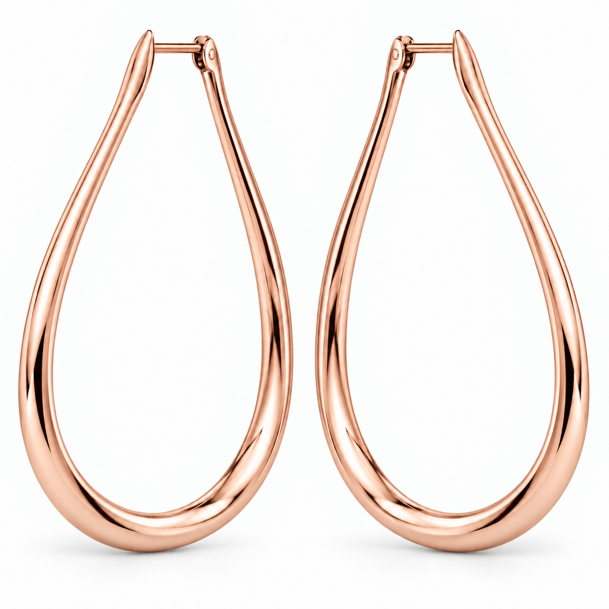 [metal:rose-gold] Maelle Teardrop Hoops — front — plain polished elongated teardrop-shaped hoop earrings with hinged clasps, no stones, front view [catalog-v4]