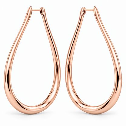 [metal:rose-gold] Maelle Teardrop Hoops — front — plain polished elongated teardrop-shaped hoop earrings with hinged clasps, no stones, front view [catalog-v4]